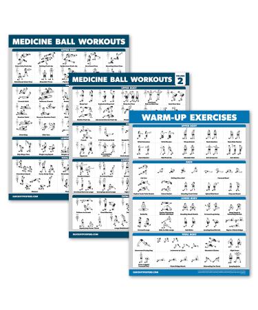 3 Pack - Medicine Ball Workouts Volume 1 & 2 + Warm Ups Exercise Poster Set - Fitness Charts 18 x 24 LAMINATED