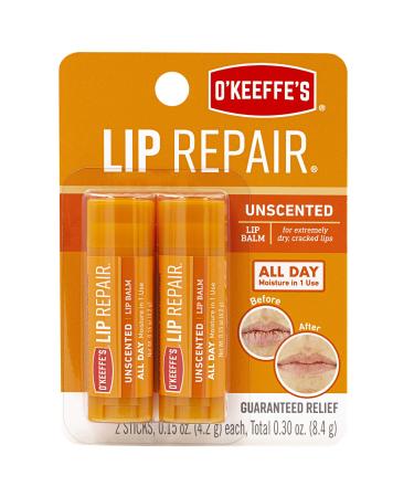 O'Keeffe's Unscented Lip Repair Lip Balm for Dry, Cracked Lips, Stick, (Pack of 2)