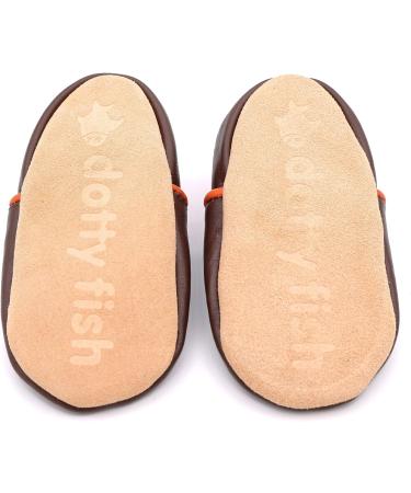 Dotty Fish Soft Leather Baby Shoes for Boys | Non Slip Toddler Shoes with Brown and Orange Fox Design | 0-6 Months - 4-5 Years - Buy Online on SooperMarket.com