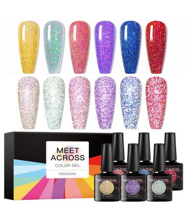 MEET ACROSS UV Nail Polish Glitter Gel Nail Gel Set Glitter Gel Nail 6 Colours Gel Polish Kit Gel Polish UV Colour Gel Set Manicure Gift Set Reflective Glitter-B