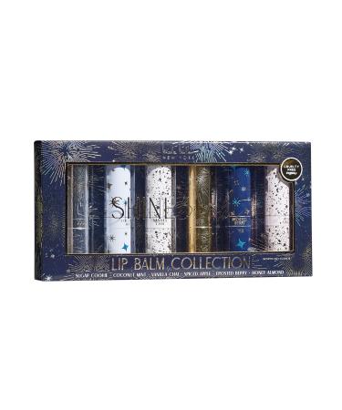 Nicole Miller 6PC Lip Balm Collection: Hydrating & Moisturizing with Embossed Navy/Gold Design Sugar Coconut Vanilla Apple Berry and Almond