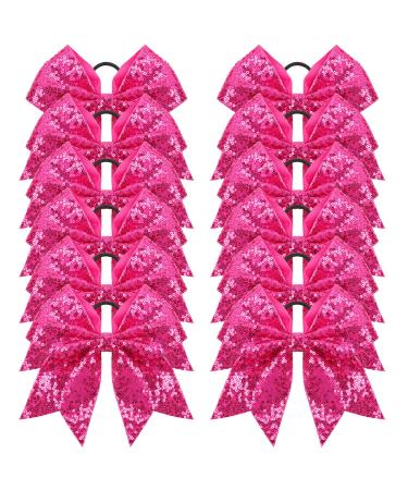 Oaoleer 12PCS 7" Large Glitter Cheer Hair Bows Ponytail Holder Elastic Band Handmade for Cheerleading Teen Girls College Sports (Sequin Hot Pink 12PCS)