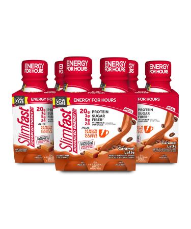 SlimFast Advanced Energy High Protein Meal Replacement Shake, Caramel Latte, 20g of Ready to Drink Protein with Caffeine, 11 Fl. Oz Bottle, 4 Count (Pack of 3)