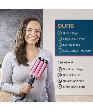 3 Barrel Curling Iron Wand - Triple Barrel Hair Waver for Soft Beach Waves - Dual Voltage, Adjustable Temperature - Pink - Buy Online on SooperMarket.com