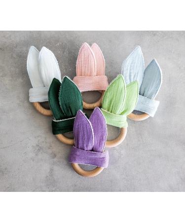 Organic Muslin Bunny Ears Baby Teether with Crinkle Paper and Wooden Teething Ring - Mint Green | Gender Neutral Newborn Teething Toy - Buy Online on SooperMarket.com
