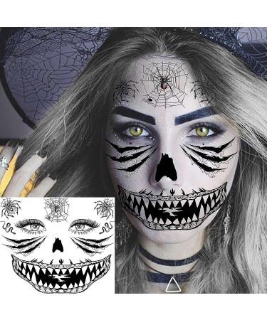Scary Halloween Face Temporary Tattoos - 4 Sheets for Women, Men, Kids, and Adults | 3D Witch, Zombie Makeup Kit | Dia de los Muertos Face Tattoos with Spider Web, Bat, and Scar Designs - Buy Online on SooperMarket.com