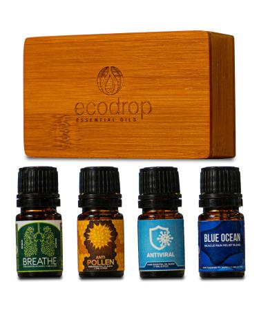 Ecodrop Wellness Oil Blend Collection - 4X 5ml Bottle Set | Natural & Organic Therapeutic Grade Aromatherapy Eucalyptus Lavender Tea Tree Lemon & Ravensara Essential Oil Blends Diffuser Gift Kit Wellness Blends