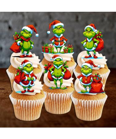 PRECUT Grinch Cupcake Toppers #2 Edible Christmas Cake Decorations Grinch Christmas Decorations Christmas Grinch Cake Topper (12)