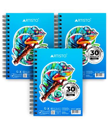 Artisto Watercolor Pads 5.5x8.5, Pack of 3 (90 Sheets), Spiral Bound, Acid-Free Paper, 140lb (300gsm), Perfect for Most Wet & Dry Media, Ideal for Beginners, Artists & Professionals