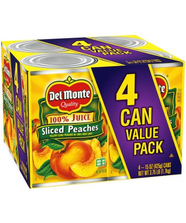 Del Monte Yellow Cling Sliced Peaches in 100% Juice, Canned Fruit, 4 Pack, 15 oz Cans