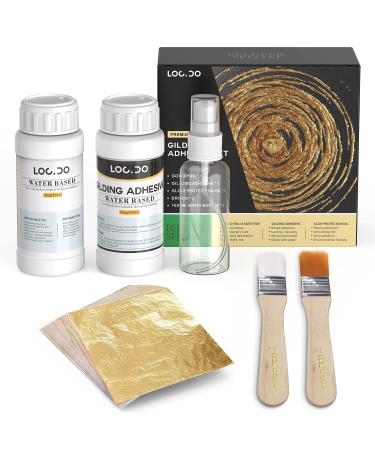 Gold Leaf Kit, Gilding Adhesive 200ml Set, Water Based Adhesive and Protective Varnish Whit Gold Leaf Sheet 100 pc, for Craft Supplies, Painting, Resin Arts Furniture and Decoration