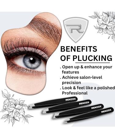 Renzox 4pcs Tweezers for Facial Hair Women & Men Hair Removal Eyebrow Tweezers Professional Stainless Steel Black Color Coated tweezer Set Slanted & Pointed Tip for ingrown Hair with Leather Pouch - Buy Online on SooperMarket.com