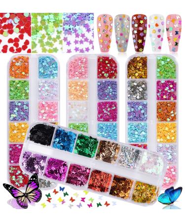 Kalolary 4boxes Butterfly Heart Shape Nail Art Glitter Sequins  Laser Holographic 3D Thin Star Heart Butterfly Plum Blossom Glitter for Valentine's Day Nail Art Decoration Resin Mold DIY