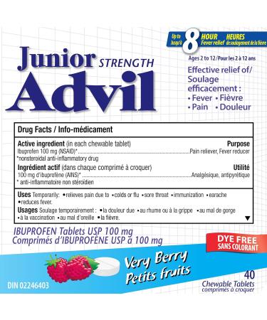 Junior Strength Advil Ibuprofen Dye-Free Chewable Tablets for Pain and Fever Relief Very Berry 40-Count - Buy Online on SooperMarket.com