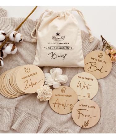 Prinzental milestone cards baby made of wood |40 milestones on fine wooden panes |With easel blank card fabric bag and gift box |Timeless design & premium quality