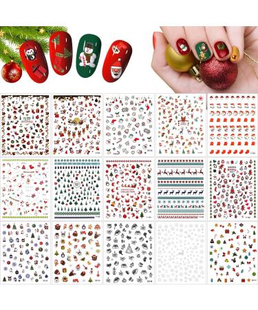 Kalolary 1400+ Patterns Christmas Nail Art Stickers Self-Adhesive 3D Nail Decals Christmas Nail Art Designs Snowflake Tree Reindeer Santa Elements for Christmas Theme Nail Art Decoration (15 Sheets)