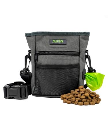 Mighty Paw Dog Treat Pouch 2.0 | Pet Training Hands-Free Snack Bag w/Strap. Holds 2 Cups Kibble Phone & Keys. Magnetic Clasp & Waist Belt Clip. Includes 1 Roll of Poop Bags (Green/Grey)