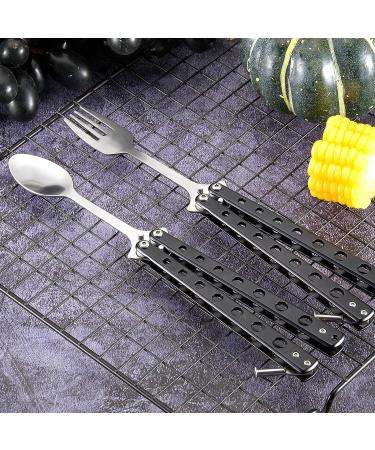 2 Pcs Tactical Stainless Steel Butterfly Fork and Spoon Set - Perfect for Travel, Camping, Hunting, BBQ - Black Color - Buy Online on SooperMarket.com