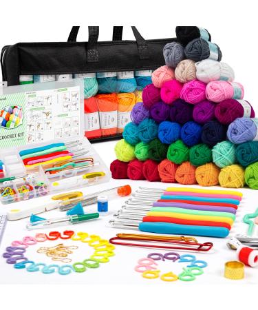 113 Piece Crochet Kit with Yarn Set1600 Yards Assorted Yarn for Knitting and Crochet, 73PCS Crochet Accessories Set Including Ergonomic Hooks, Knitting Needles & More Ideal Beginner Kit