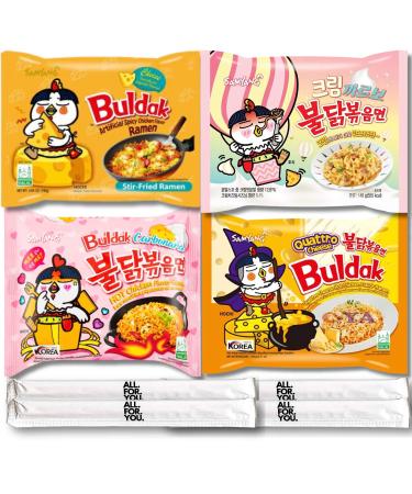Buldak Ramen Noodles 4 Flavor Variety Combo - Total 4 pack (1 Pack ea) - Cheese Carbonara Quattro Cheese Cream Carbonara - Spicy Ramen Noodles Samyang Buldak Ramen Korean Spicy Hot Chicken
