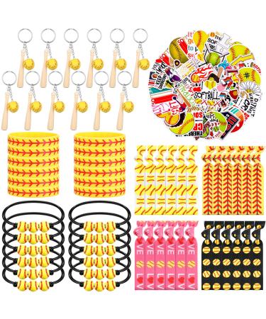 Janinka 110 Pcs Softball Party Favors Set Softball Stickers Softball Keychains Softball Charm Bracelets Adjustable Wristbands Softball Hair Ties Softball Gifts Party Supplies for Girls Sports Team