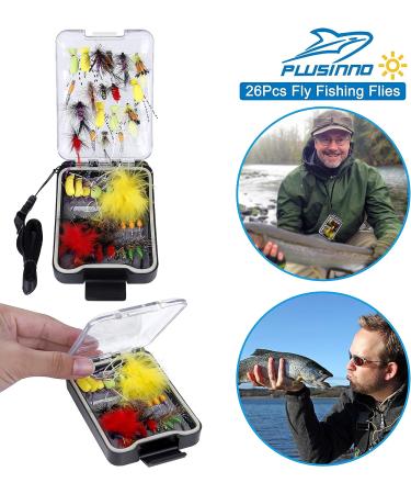 PLUSINNO Fly Fishing Flies Kit 26pcs with Handmade Dry/Wet Flies - Trout Bass Fishing Gear Assortment in Fly Box - Buy Online on SooperMarket.com