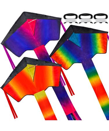JOYIN Multi Packs Delta Rainbow Kite Warm and Cold Color Easy to Fly Huge Kites for Kids and Adults with 262.5 ft Kite String, Large Delta Beach Kite for Outdoor Games and Activities (1/2/3 Packs) Blue/Purple/Orange