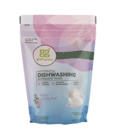 Grab Green Automatic Dishwashing Detergent Pods, 24 Count, Thyme Fig Leaf Scent, Plant and Mineral Based, Superior Cleaning, Powerful Grease Removal, Brilliant Shine