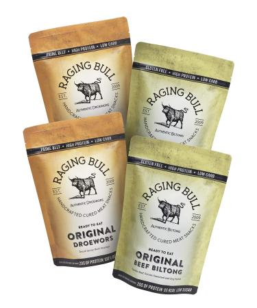 Raging Bull 1kg Biltong and Droewors Combo - 2 x 250g Original Beef Biltong & 2 x 250g Original Beef Droewors - High Protein Snacks - Grass Fed Beef Drowers - Low Carb Keto Snacks - Beef Sticks Original Biltong & Droewors