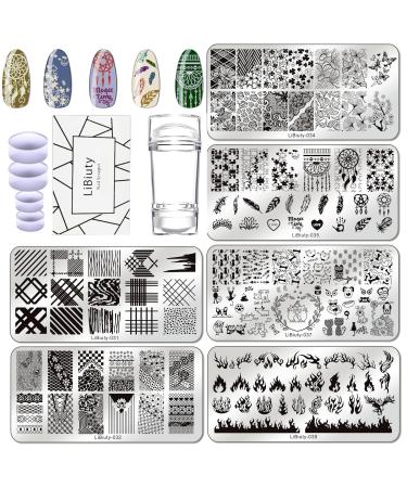 Budoci 6er Nagel Stamping Schblonen Platte Set Nail Stamping Kit with nail plate stamp and scraper for nail stamp manicure french nail art/plant/puzzle/geometry/fire/animal/lace/feather 6 st nail stamp plates set