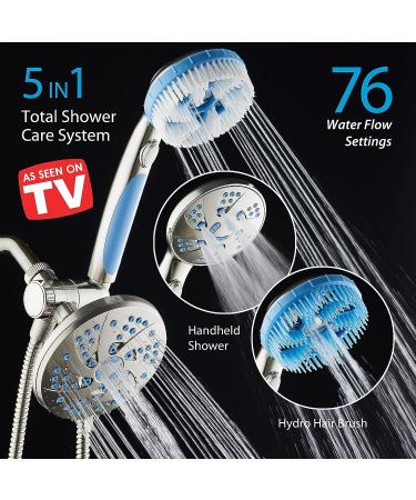 AquaCare 5-in-1 Aquassage High Pressure 76-mode Shower Head Combo with Hand Shower, Body Brush & Hair Brush - Satin Nickel Finish, Extra-long Stainless Steel Hose, Two Brackets Included - Buy Online on SooperMarket.com