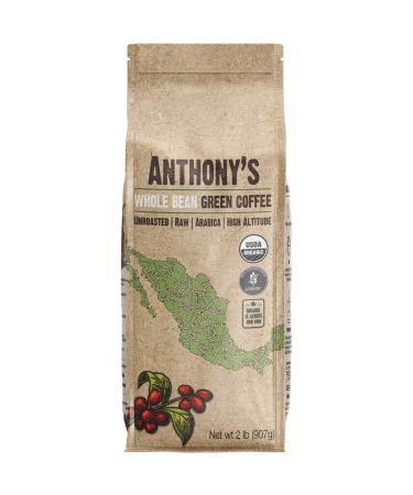 Anthony's Organic Unroasted Whole Green Coffee Beans, 2lbs, Mexican Altura Arabica Beans, Raw, Batch Tested and Gluten Free