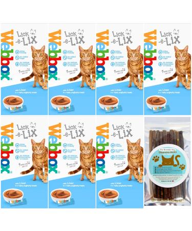 Cat Treats bundle contains Lick e Lix Yoghurt Liver Webbox Licky Lix Kitten Treats and Snacks Lick-e-Lix Pack of 7 x 5's - Total 35 x 10g sachets and our Silvervine Chew Sticks