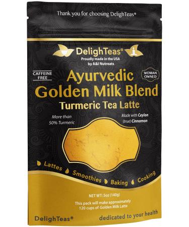 DelighTeas Organic Golden Milk Powder with Turmeric, Ginger, Ceylon Cinnamon | Ayurvedic Spices for Golden Turmeric Latte, Smoothie, Cooking | Unsweetened, Vegan, Non-GMO, Keto | 120 Servings, 5 oz. Golden Milk Blend