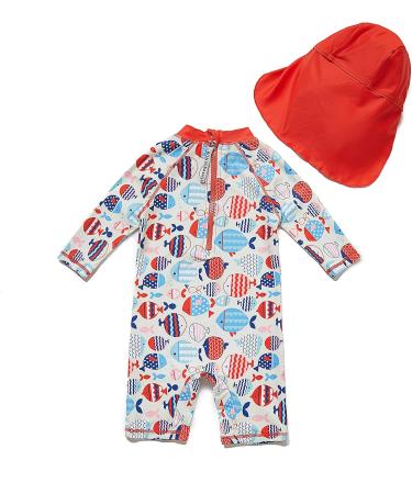 Bonverano Baby Girls Swimsuit UPF 50+ UV Protection One Piece Sunsuit with Sun Cap - Colourful Fish, 3-6 Months - Buy Online on SooperMarket.com