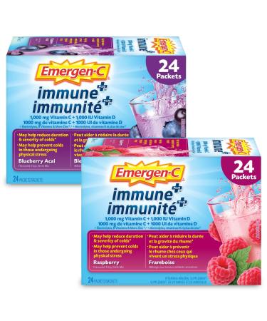 Emergen-C Immune+ 1000mg Vitamin C Powder Supplement Multi Pack Drink Mix Immune System Booster 24 Packets Rasberry & 24 Packets Blueberry Acai 48 Total Packets