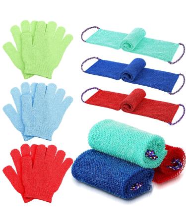 Newwiee 6 Pack Exfoliating Shower Bath Gloves and Body Scrubber Set - 3 Pairs Exfoliating Gloves and 3 Pcs African Bath Sponge for Daily Shower (Red Blue Green) - Buy Online on SooperMarket.com