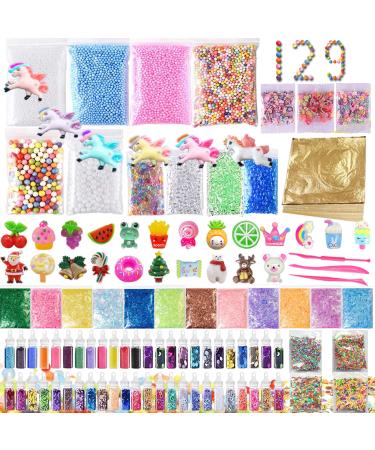 129 Pack Slime Making Kits Supplies,Gold Leaf,Foam Balls,Glitter Shake Jars,Fishbowl Beads,Fruit Slices,Fake Sprinkles,Glitter Sequins Accessories, Sugar Papers (Slime Kits)