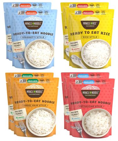 Miracle Noodle Variety Pack, Angel Hair, Fettuccini, Spaghetti Shirataki Noodles & Konjac Rice, Ready To Eat - Keto, Gluten Free, Low Carb, Low Calorie, Soy Free - 2 Bags Each (Pack Of 8)