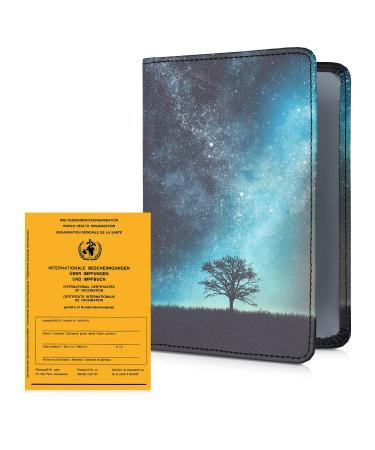 KWMobile vaccination pass Cover made of synthetic leather - vaccination card protective cover cover for vaccination book vaccination certificate - children adults blue gray black galaxy tree meadow 04-22-01