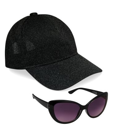 CityComfort baseball cap girl 2-Set adjustable baseball cap & UV protection sunglasses children-gifts for girls unit size black glitter