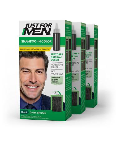 Just For Men Shampoo-In Color (Formerly Original Formula), Gray Hair Coloring for Men - Dark Brown, H-45, Pack of 3 (Packaging May Vary)