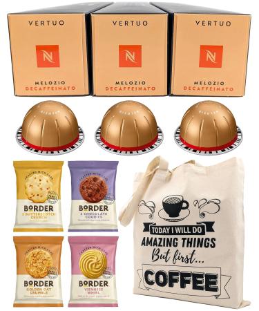 Nespresso Vertuo Melozio Decaffeinato Coffee Capsules - 3 Boxes (30 Pods) Bundled with Border Biscuits Selection & Giftable Tote Bag