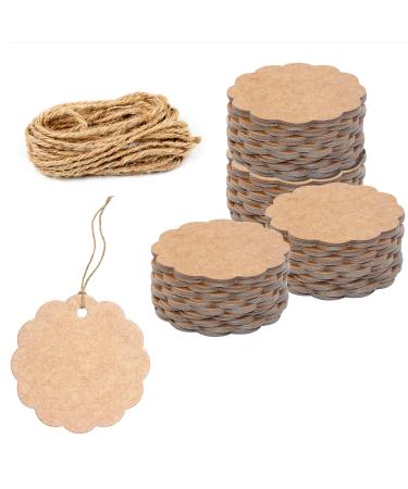200 PCS Kraft Scalloped Paper Gift Tags with 100 Feet Natural Jute Twine String for Arts Crafts Packaging (Label Measures 2.4 in Diameter) Kraft Color