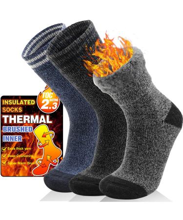 Welwoos 3 pairs of thermosocks for men's warm winter socks thick ski socks breathable worktops outdoor socks 36-42 blue gray stripes