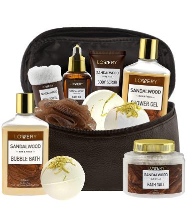 Sandalwood Bath Gift Set for Him - Personal Care Spa Kit in Leather Bag | Relaxing Man Gift Basket with Shower Gel, Bubble Bath, Body Oil, Bath Bomb & More - Buy Online on SooperMarket.com