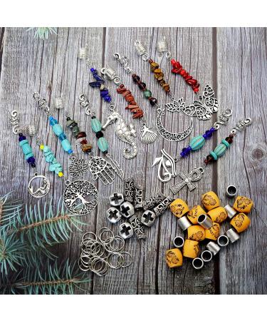 RechicGu 62Pcs Handmade Natural Chakra Crystal Dreadlock Jewelry with Metallic Cord - Turquoise Egyptian Cross Lotus Silver - Buy Online on SooperMarket.com