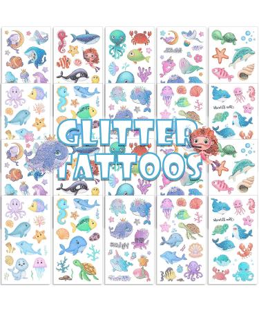 Sea Animals Temporary Glitter Tattoos - 20 Sheets for Kids Party Favors | Dolphin, Shark, Octopus, Fish Stickers - Buy Online on SooperMarket.com