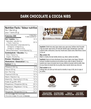 Manitoba Harvest Hemp Bar Dark Chocolate Cocoa Nibs 12x45g - Buy Online on SooperMarket.com