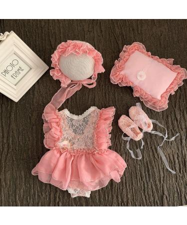Yuehuam Newborn Photography Prop Girl Outfits Set - Baby Lace Romper, Hat, Pillow, Shoes & Skirt Clothes in Pink for Infant Photoshoot - Buy Online on SooperMarket.com